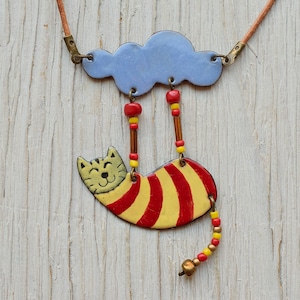 Red Striped Cat, Enamel Pendant, Striped Cat, Cat Pendant, Cat Necklace, Enamel Necklace, Blue Cloud, Sky, Cloud And Cat, Enamel Jewelry,