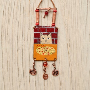 Pizza und Katze, Pizza, Küche, Katze Halskette, Kupfer, Pizza Backen, Emaille Halskette, Pizzascheibe, Katzenschmuck, Emaille Schmuck, Weiße Katze