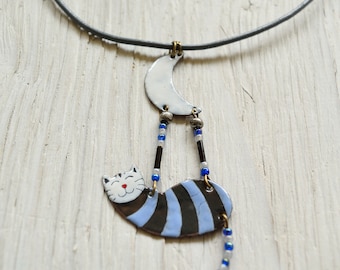 Enamel Necklace, Cat Necklace, Cat Jewelry, Black Cat, Cat and Moon, Moon Jewelry, Striped Jewelry, Tabby Cat, Blue Cat, Moon Necklace,