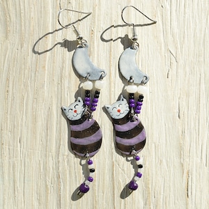 Enamel Earrings, Black Striped Earrings, Moon & Cat, Cat Earrings, Enamel Jewelry, Cat Jewelry, Cat Shaped Earrings, Striped Cat, Purple Cat