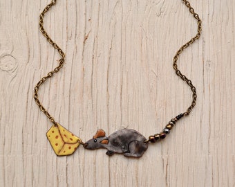 Gray Mouse And Cheese Necklace, Enamel Necklace, Enamel Jewelry, Gray Mouse Necklace, Mouse Jewelry, Cheese