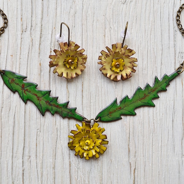 Dandelion Enamel Jewelry Set, Wildflower Jewelry, Enamel Jewelry Set, Botanical, Dandelion Jewelry, Enamel Jewelry, Natural Jewelry Set,