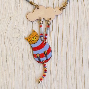Cat Enamel Necklace, Cloud and Cat, Striped Cat, Cloud Necklace, Enamel Cat, Cat Paw, Cat Tail, Beads and Enamel, Blue Red Srtiped, Fat Cat