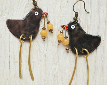 Blackbird With Yellow Currant With Brass Fittings, Enamel Earrings, Enamel Jewelry, Thrush, Birdie, Black Bird Earrings, Bird Jewelry,