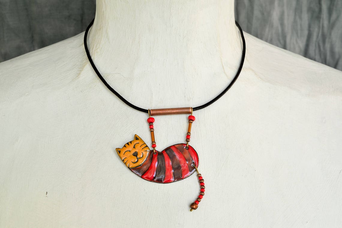 Enamel Pendant Enamel Necklace Cat Necklace Cat Shaped Etsy