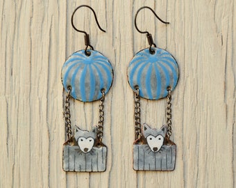 Grey and Blue, Little Wolf Earrings, Enamel Earrings, Hot Air Balloon, Striped, Dog Jewelry, Wolf Earrings, Air Baloon, Gray Wolf,