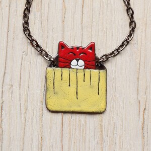 Enamel Pendant, Red Cat Enamel Necklace, Cat in the Box, Enamel Jewelry, Cat Pendant, Cat Necklace, Boho Enamel Necklace, Cat Shaped Jewelry