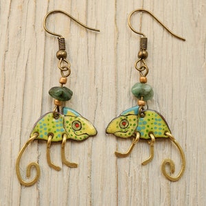 Chamäleon Emaille Ohrringe, Reptil, Kieselstein, Eidechse Halskette, Eidechse Ohrringe, Chamäleon Schmuck, Reptil Schmuck, Emaille Ohrringe, Grün