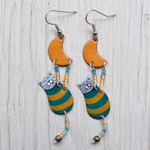 Enamel Earrings, Cat Earrings, Enamel Jewelry, Striped, Cat Jewelry, Cat Shaped Earrings, Turquoise, Orange Earrings, Moon, Moon Earrings,