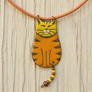 Enamel Pendant, Enamel Necklace, Yellow Cat, Enamel Jewelry, Cat Pendant, Cat Necklace, Boho Enamel Necklace, Cat Shaped Jewelry, Tabby cat,