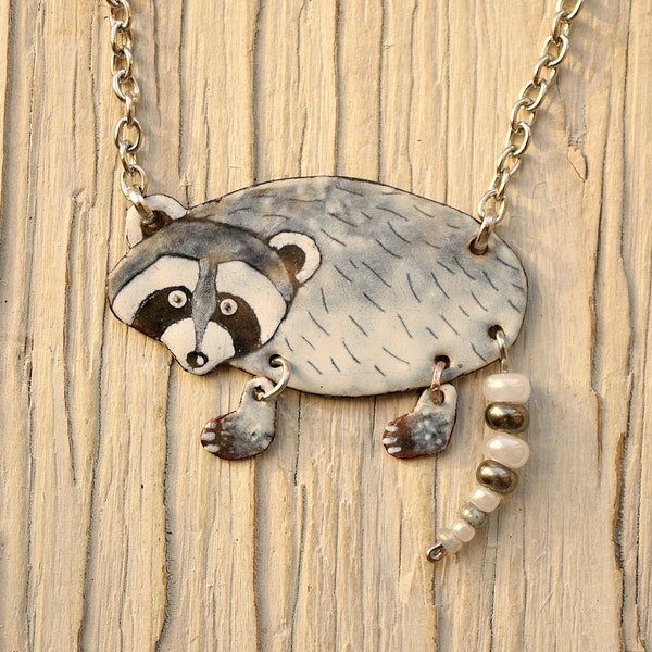 Raccoon Enamel Necklace, Wild Animal, Raccoon Necklace, Copper Necklace, Copper, Raccoon Jewelry, Enamel Jewelry, Enamel Necklace, Gray