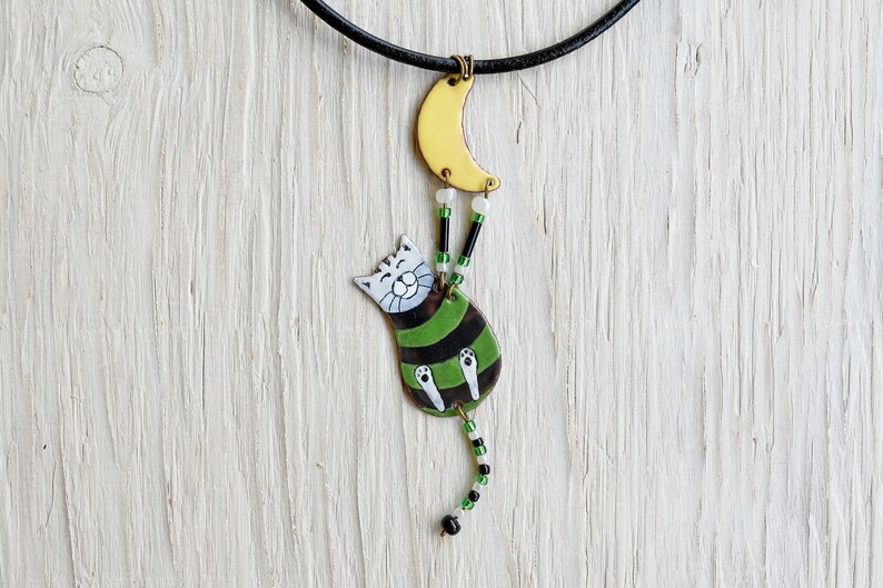 Enamel Cat Green Cat Irish Cat,, Enamel Necklace Cat and Moon Cat Jewelry Striped Cat Moon Jewelry Cat Necklace Striped Jewelry
