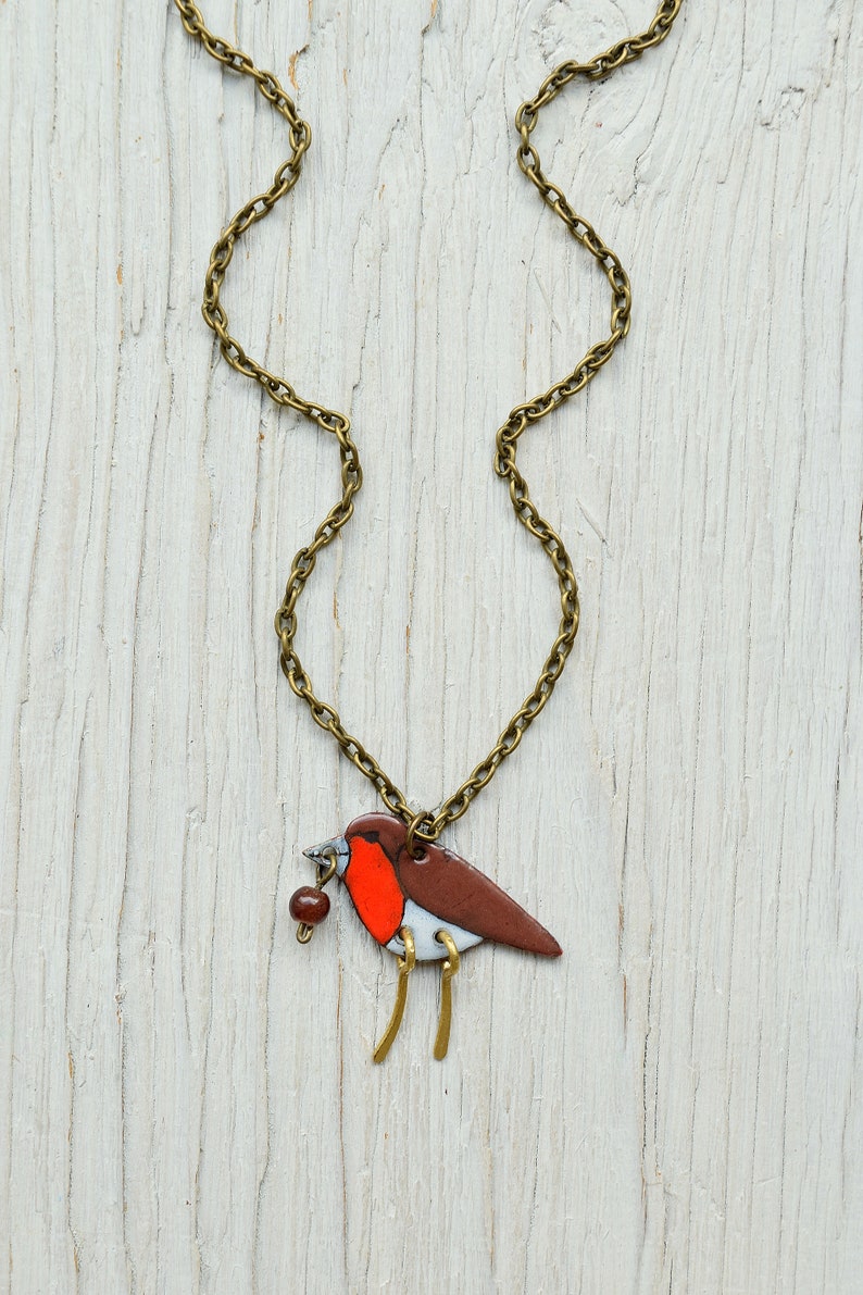 Robin Bird Pendant Enamel Pendant Forest Robin Pendant Animal Forest Necklace Birdie Bird Necklace Songbird Berry Enamel Jewelry