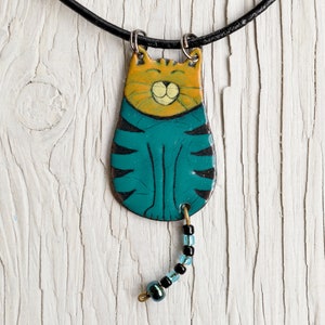 Turquoise Cat, Black Striped, Enamel Necklace, Enamel Jewelry, Striped Cat, Cat Necklace, Buddha Cat, Cat Shaped Jewelry, Smiling Cat, Tabby