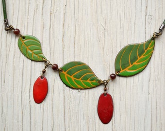 Enamel Necklace, Cornel, Dogberry, Enamel Jewelry, Forest Necklace, Dogwood Leaf Necklace, Bib Necklace, Statement Necklace, Green and Red