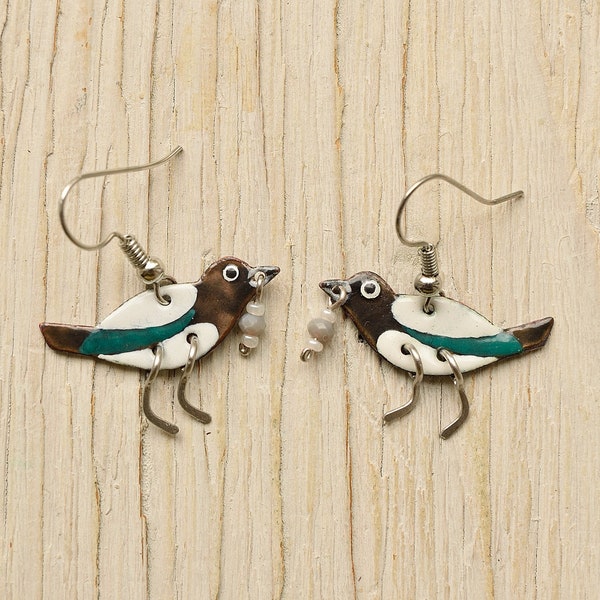 Magpie, Bird Earrings, Bird Earrings, Magpie Earrings, Songbird, Forest Earrings, Enamel Earrings, Enamel Jewelry, Blackbird, Little Magpie