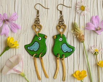 Enamel Earrings, Enamel Jewelry, Green Bird Earrings, Greenfinch, Bird Earrings, Enameled Earrings, Bird Jewelry, Green Bird,