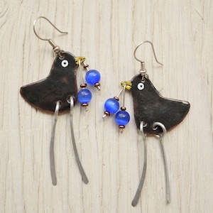 Blackbird With Blueberry With Silver Color Fittings, Enamel Earrings, Enamel Jewelry, Thrush, Birdie, Black Bird Earrings, Bird Jewelry,