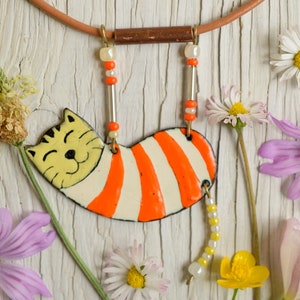 Enamel Pendant, Enamel Necklace, Cat Necklace, Orange Cat, Cat Shaped, Boho Necklace, Cat Pendant, Striped Necklace, Tabby Cat, Jewelry