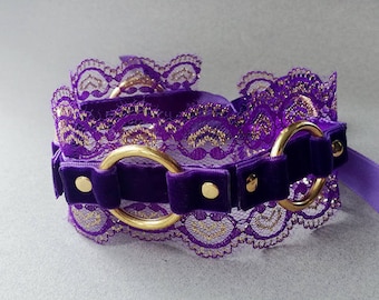 Purple Velvet Ribbon Choker: Handmade Lace Trim Collar with O Rings and Gold Accents
