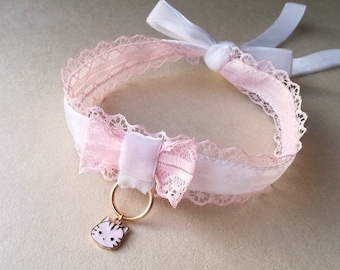 Peach and white Velvet Ribbon Kitten Collar, Lace Trim Choker with Bow