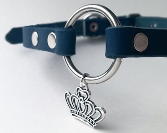 Handmade Blue Leather O Ring Choker with Crown Charm