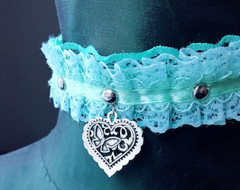 Mint Green Lace Ribbon Choker: Butterfly Heart, Pastel Goth Collar