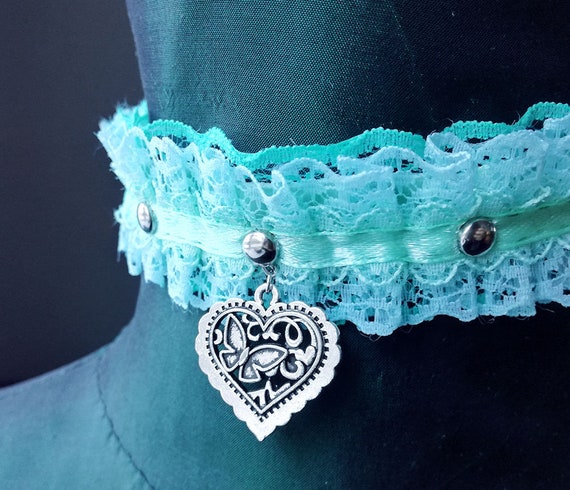 Mint Green Lace Ribbon Choker: Butterfly Heart, Pastel Goth Collar