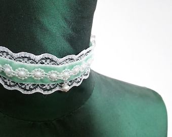 Handmade Green Velvet Choker: White Lace Trim & Bead Detail