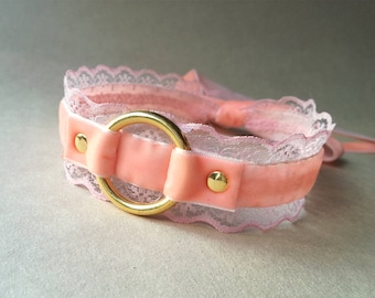 Peach Velvet Ribbon O Ring Choker, Pink Lace Trim Collar