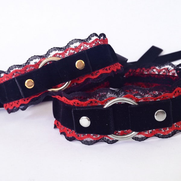 Black and red ddlg choker with o-ring. Gothic choker. Kitty play collar. Black lace choker. Bdsm collar. Pet play o-ring choker.
