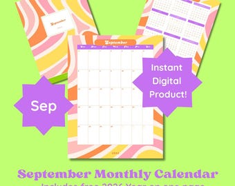 September 2026 Calendar free year at-a-glance and cover page 8.5x11 groovy retro style printable