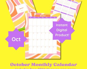 October 2026 Calendar free year at-a-glance and cover page 8.5x11 groovy retro style printable