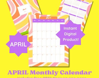 April 2026 Calendar free year at-a-glance and cover page 8.5x11 groovy retro  style printable