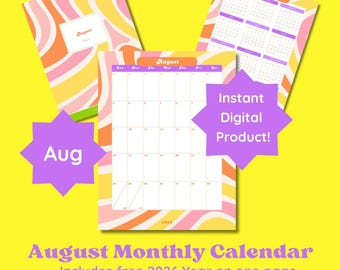 August 2026 Calendar free year at-a-glance and cover page 8.5x11 groovy retro style printable