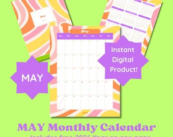 May 2026 Calendar free year at-a-glance and cover page 8.5x11 groovy retro  style printable
