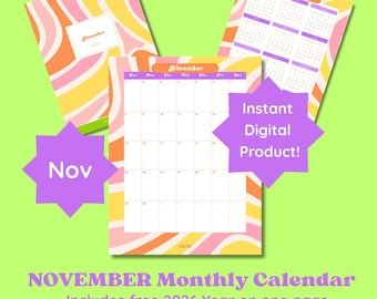 November 2026 Calendar free year at-a-glance and cover page 8.5x11 groovy retro style printable