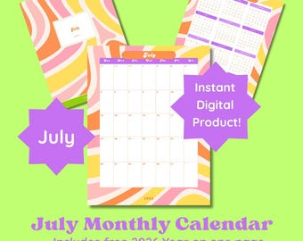 July 2026 Calendar free year at-a-glance and cover page 8.5x11 groovy retro  style printable