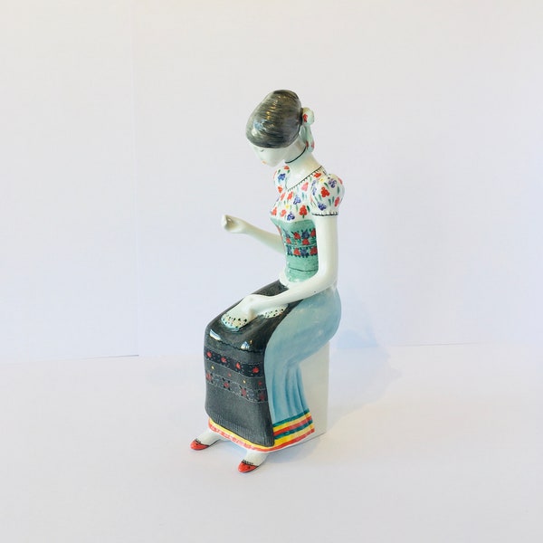 Hollohaza Figurine, Young Girl Sewing, Made in Hungary, Sewing Figurine, Hungarian Porcelain, Handpaint Figurine, Folk Dress Decoration