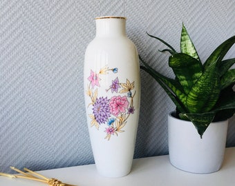 Hollóháza Hungary Porcelain Vase, Fine Porcelain White Vase Purple and Pink Flowers, Gold Plated Rim, Fine Hungarian china, Ornamental Piece