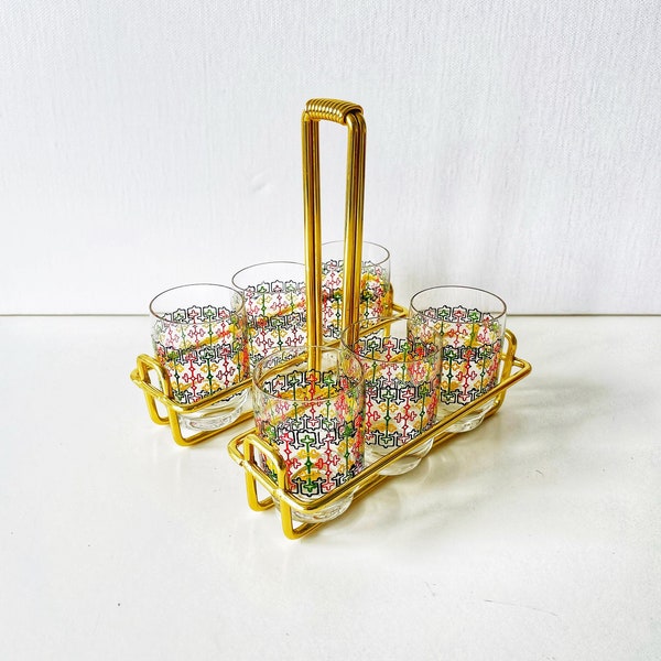 Vintage mid century color glass set in gold metal holder, Set of 6 retro glass set, bar cart decor,vintage glassware,70s tableware