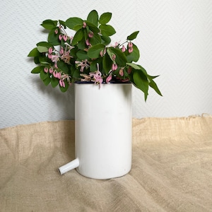 May include: A white enamel pitcher with a blue rim and a spout, filled with a bouquet of pink flowers and green leaves.