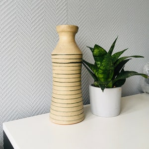 Vintage Midcentury Hungarian Ceramic Fat Lava Vase, Ceramic Shelf Decor, Hungarian Minimalist Vase with Beige and Green Stripped Matte Glaze