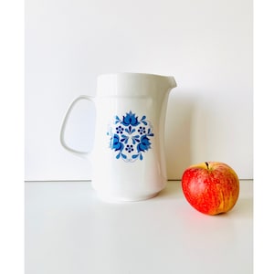 Vintage porcelain pitcher, white tea pot, blue floral print, farmhouse water or juice pitcher with handle, midcentury modern kitchenware