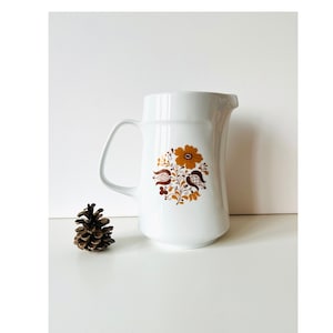 Vintage porcelain pitcher, white tea pot, brown floral print, farmhouse water or juice pitcher with handle, midcentury modern kitchenware