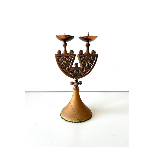 Mid century vintage wooden and hammered copper candlestick, natural wood candle holder, MCM 60s home decor, holder for two candles