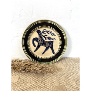 Vintage Korond Ceramic Folk Art  Handpainted Wall Hanging Plate, Traditional Transylvania Blue Deer Motif Pottery Plate, Korond Artwork