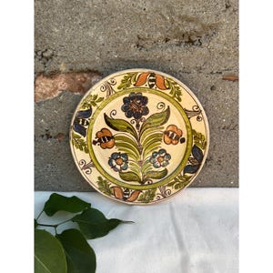 Vintage Korond Earthenware Folk Art Ceramic Pinted Wall Hanging Plate, Traditional Transylvania Bird and Floral Motif Pottery Plate