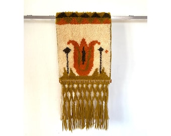 Vintage wall hanging, Boho wall tapestry, Bohemian style wall rug, Hand knotted wall decor, Retro hanging tapestry, Vintage woven 70s rug