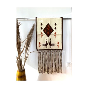 Vintage Wool Hand Woven Wall Hanging Tapestry, Scandinavian Mid Century Style Handwoven Rug Carpet, Folklore Farmhouse Tapestry
